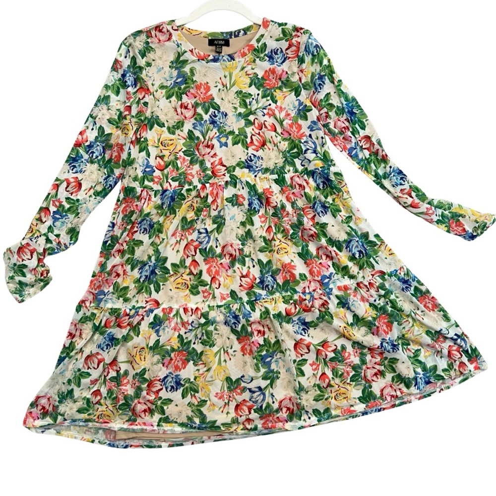 AFRM Floral Mesh Babydoll Mini Dress Cottagecore Tiered Long Sleeve Medium - Picture 2 of 16